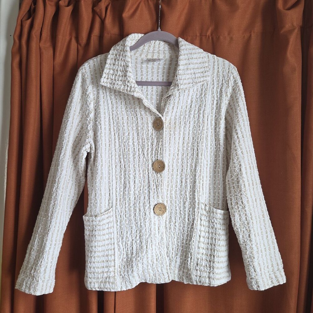 Lagenlook Granola Girl Natural Button Jacket Pockets Collared Ivory Beige Sz S